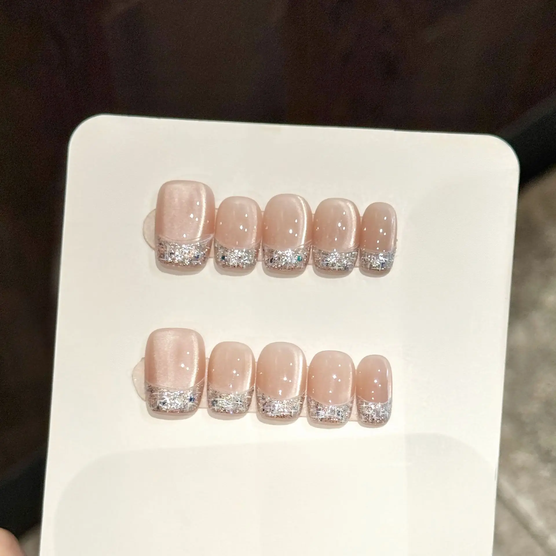 

10pcs Handmade Press on Nails French Diamond Silk Cat's Eye Full Coverage Nail Tips for Women&Girl Removable Wearable Fake Nail