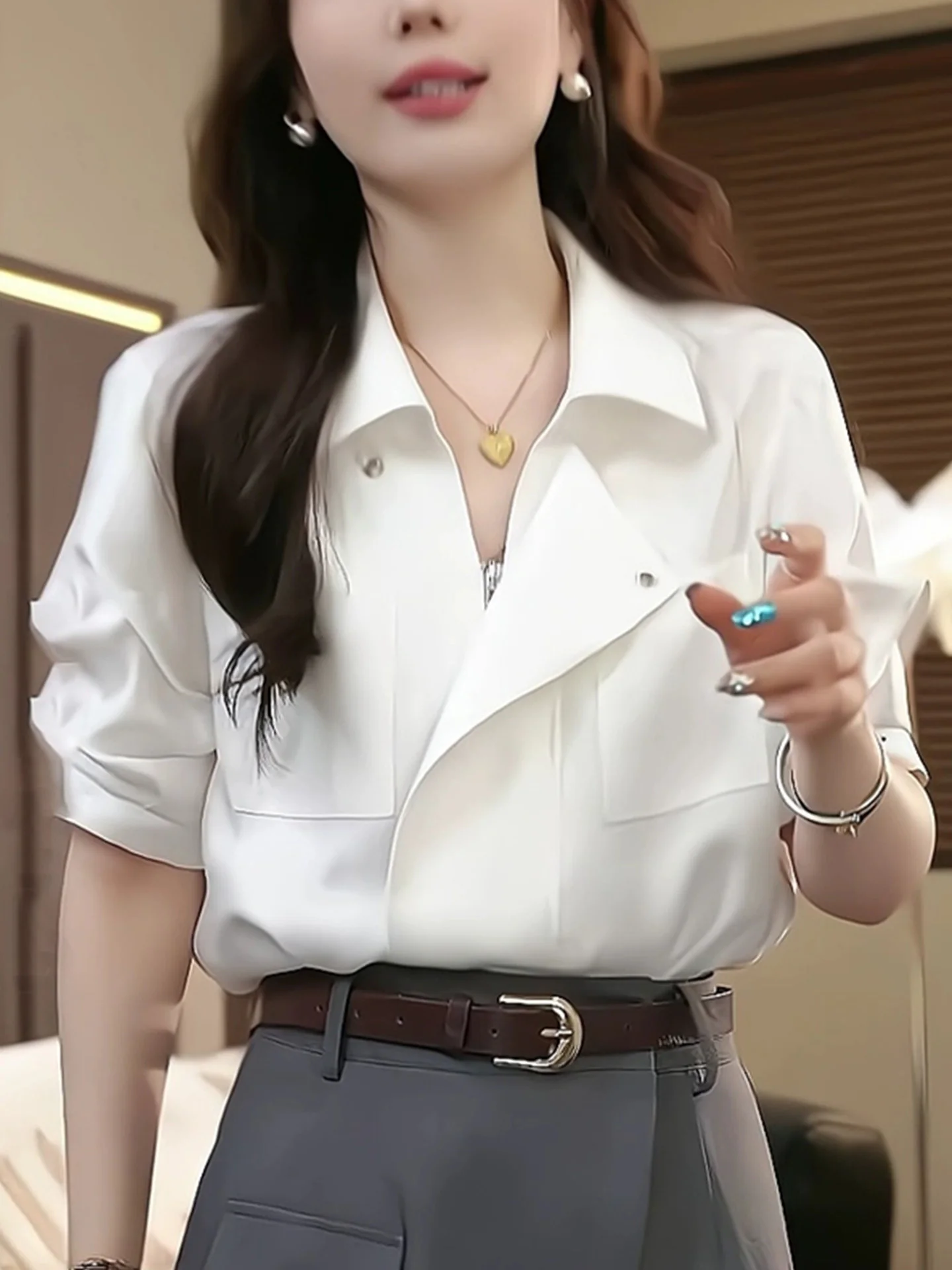 

Faionable Zipper ort Sve irt Women's Pure Color Straight Cut Korean Sle Commute Silk Top Anti-Aging Summer 2025