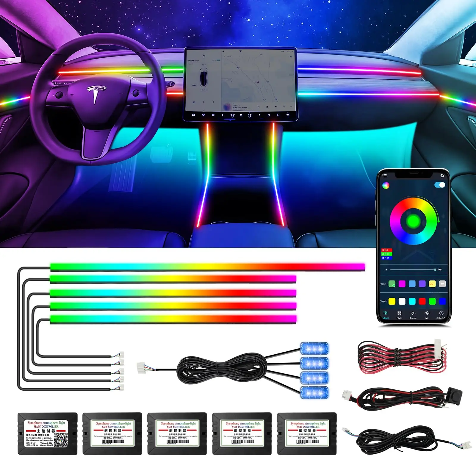 

18 / 22 In 1 Streamer Car Ambient Lights RGB 213 64 Color LED Interior Rainbow Acrylic Strip Symphony Remote Atmosphere Lamp Kit