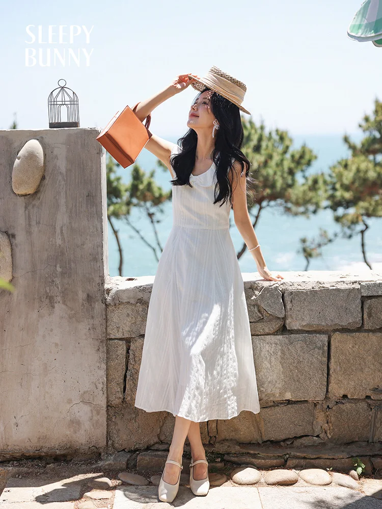 

Sweet White Jacquard Bow Dress Women Summer Petite A-Line Sundress Flowy Big Hem Sleeveless Tie Back Dress Vacation Daily Wear