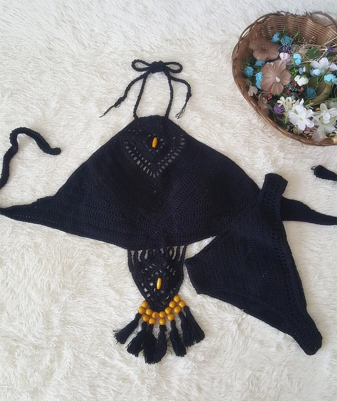 New Hand-crochet Summer Creative Bat-type nappa Beaded Beach Casual Sun Bath Bikini da donna costume da bagno separato