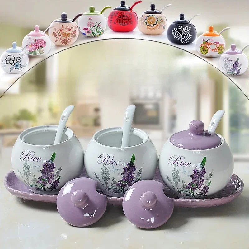 Ceramic jar set, household storage box, seasoning bottle, sugar and salt combination set, elegant kitchen decoration