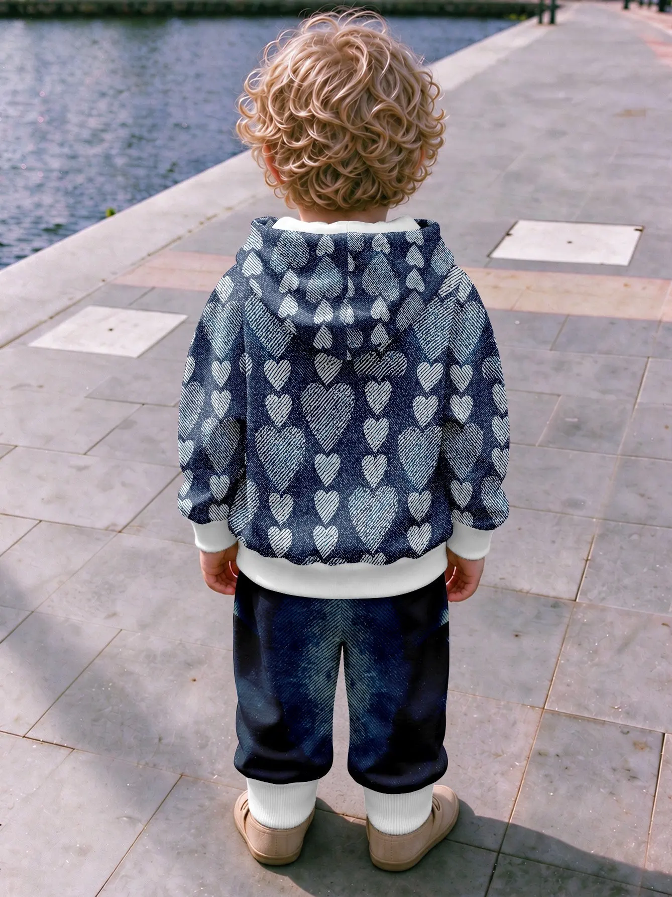 Baby Blue Striped Heart Regular Fit Zip Hooded Sweatshirt and Pants Set Top without Pockets, Pants with Pockets Sporty for Daily