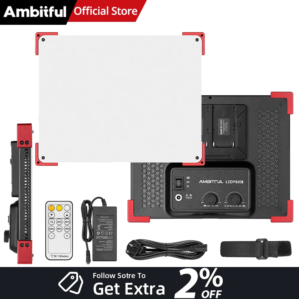 AMBITFUL LEDP60C 초박형 LED 비디오 라이트 패널 60W 출력 3200-5600K 색온도 비디오, 뷰티, 틱톡, 유튜브 라이브용