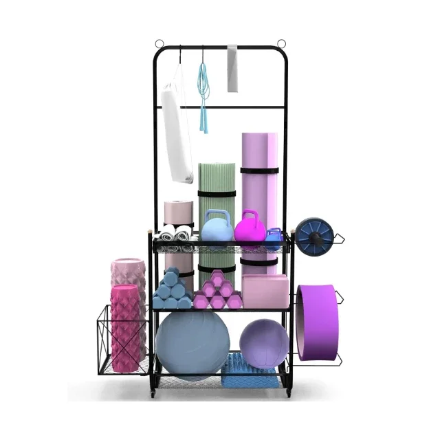 

Easy to Assemble Home Gym Metal Organizer With Wheels and Hooks Yoga Mat Basketball Organizer