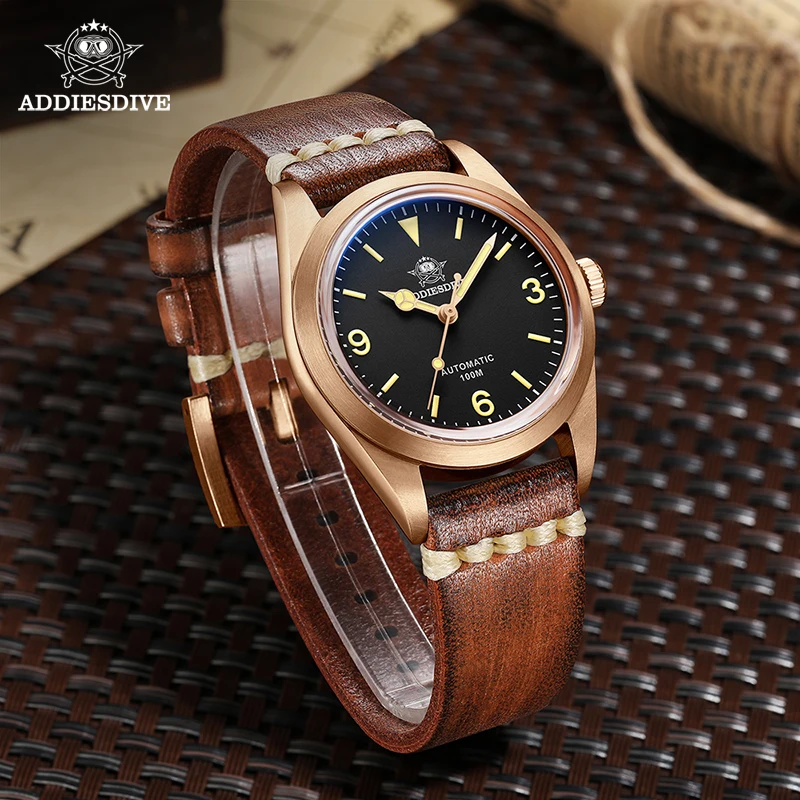 ADDIESDIVE Men's Bronze Automatic Wristwatches Leather Analog Watches Sapphire Waterproof Retro Luminous Diving Mechanical Watch