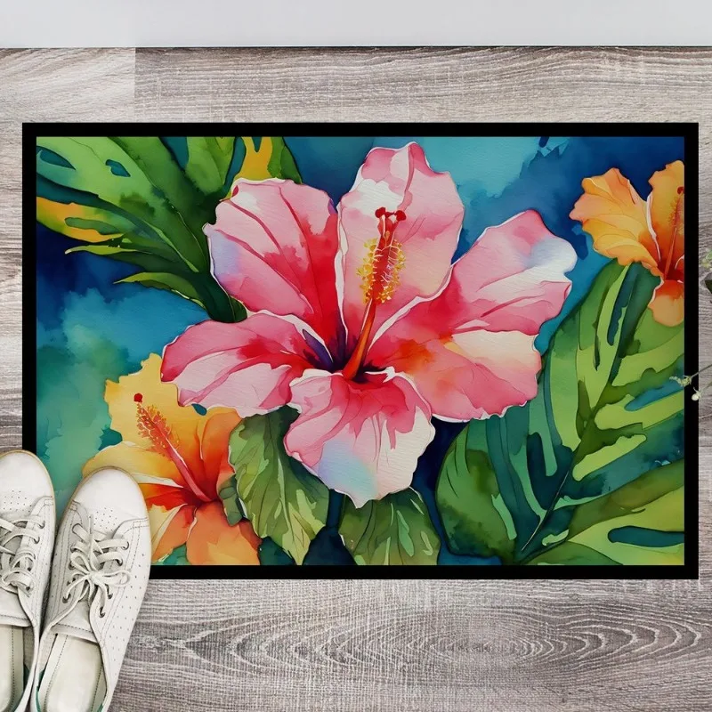 

Hawaiian Hibiscus Watercolor Doormat Non Slip Washable Low Pile Indoor Outdoor Entryway Floor Mat