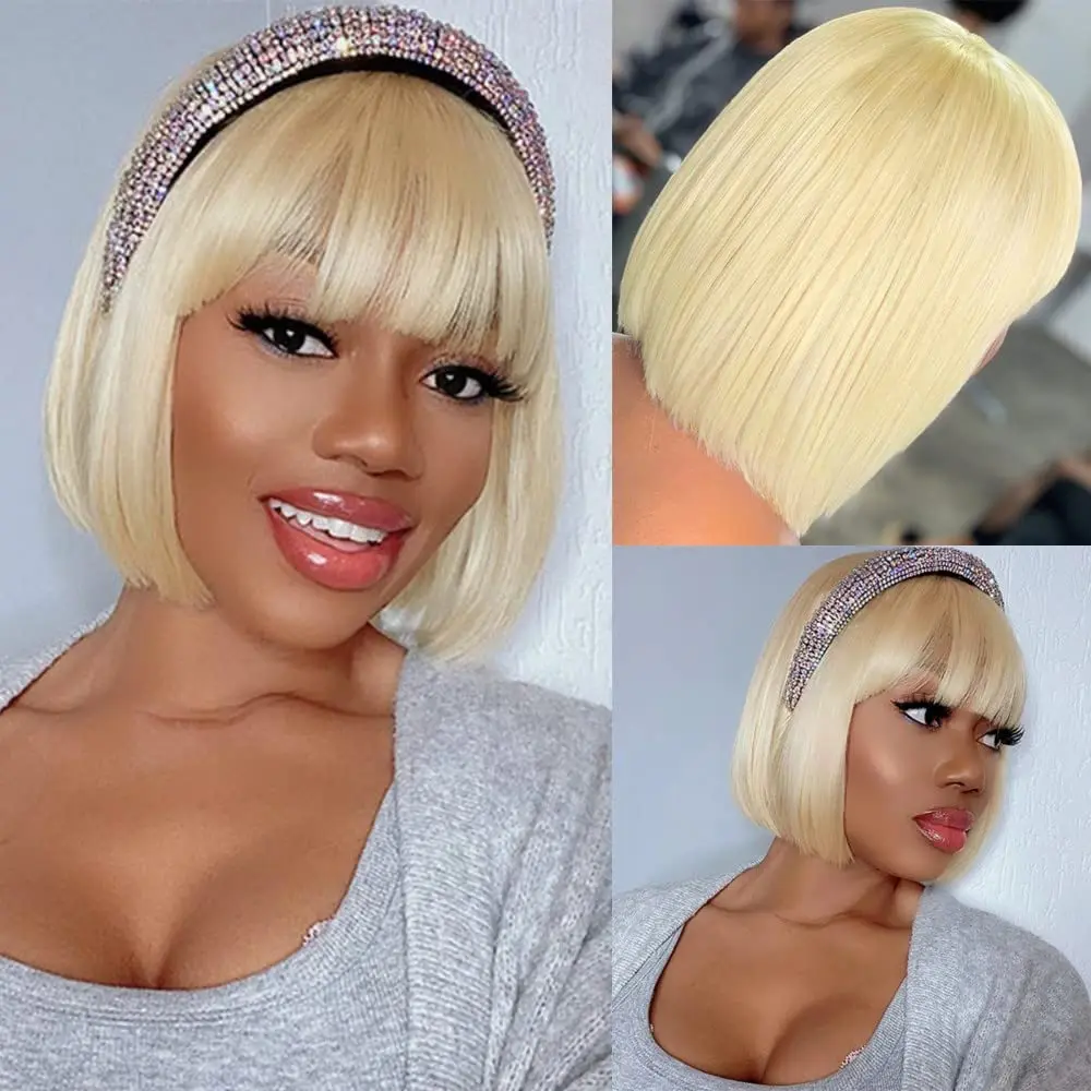 Virgin original human hair Wig with Bangs Fringe 613 Blonde Lace Frontal Wig for Women Easy to Wear Glueless Short Bob Wig Qearl