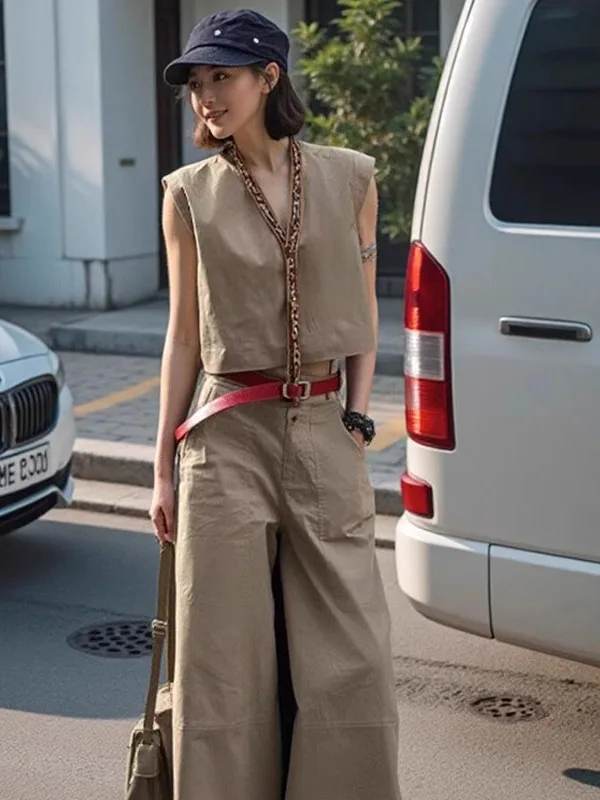 

Ретро-комплект рабочей одежды: женский летний комплект в стиле Cool Girl, свободный жилет и широкие брюки, модный комплект из двух предметов