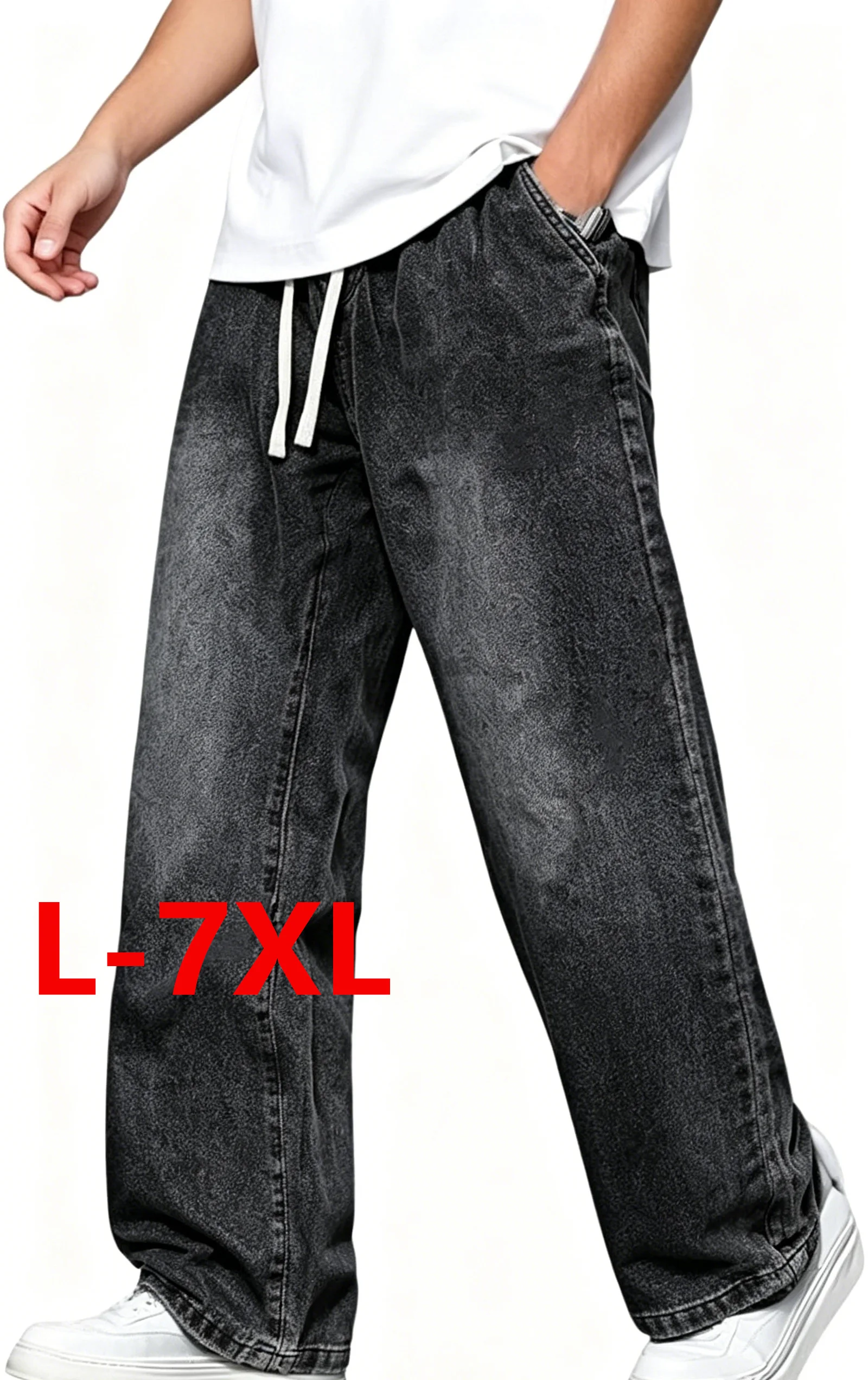 FENROOST Men's Plus Size Wide Leg Jeans Elastic Drawstring Waist Loose Straight Denim Pants Big Size L-7XL Casual Trousers