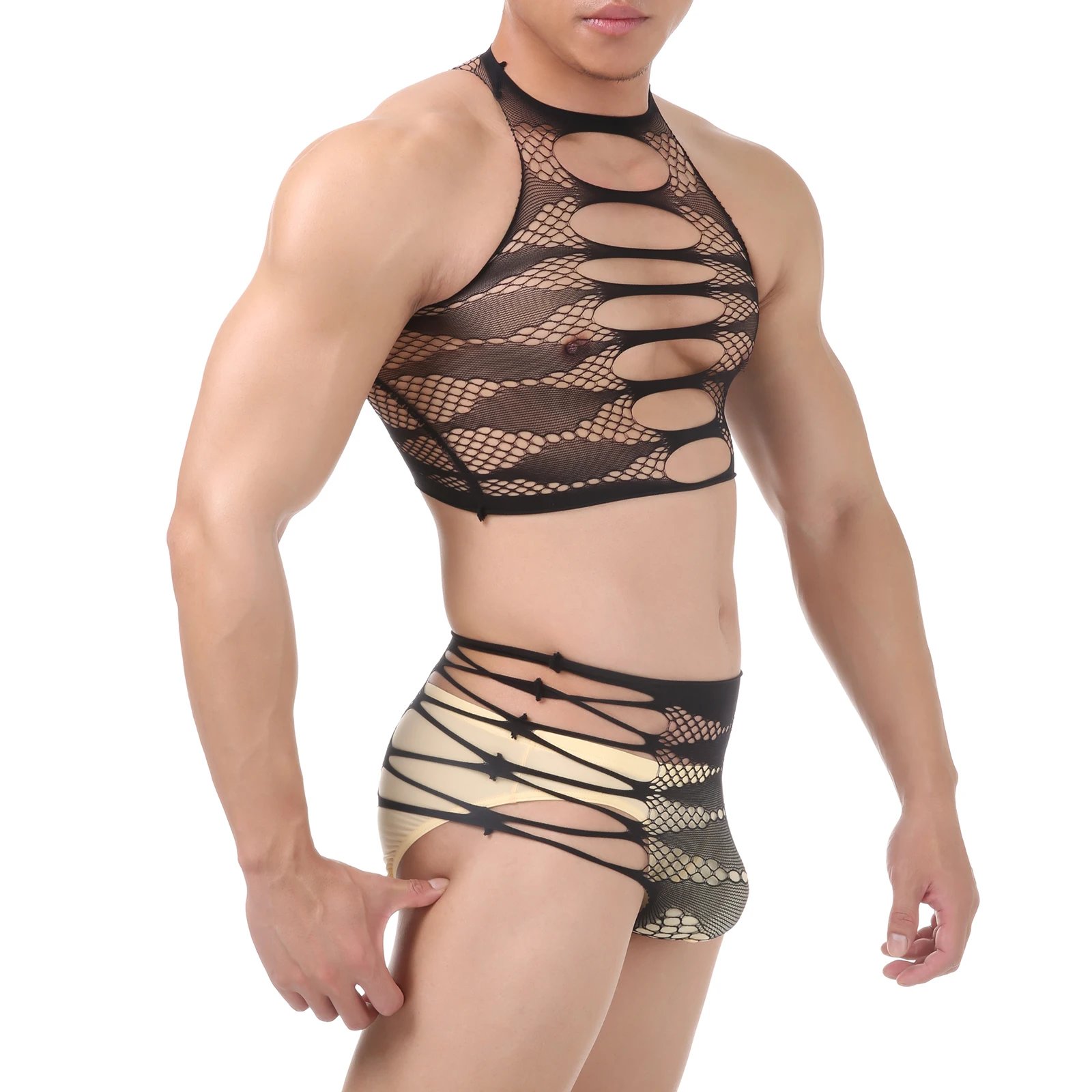 

Sexy Lingerie Men Fishnet Mesh Suit Hollow Out Erotic Lingerie Set Elastic Bondage Underwear Transparent Crops Tops Costume
