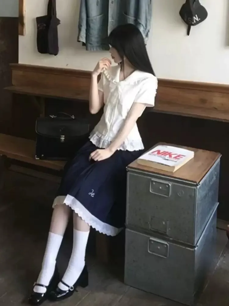 Summer Design Sense White Navy Collar Lace Splicing Shirt Skirt Set Women's Fashion High Waist Pleated  Skirt Two-Piece Set
