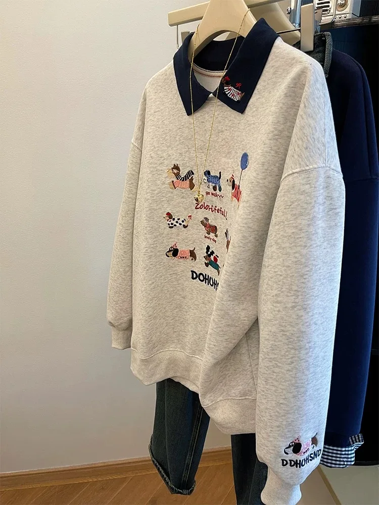 

Korean Design Sense Embroidered Light Grey Dog Collar Sweatshirt Women's New Autumn Winter Top Loose Fit Long Sleeve