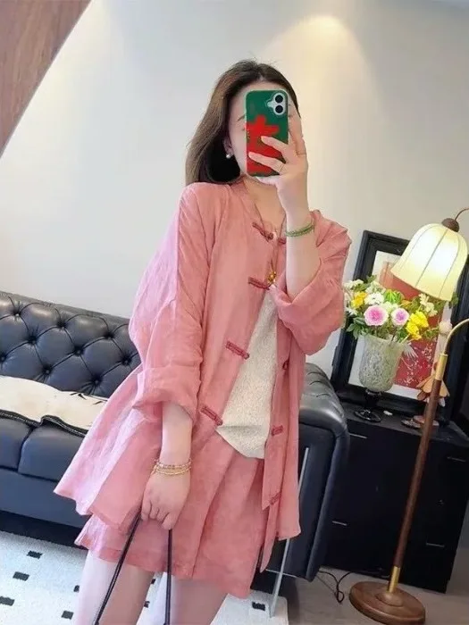 

Новый китайский повседневный комплект, женский летний новый антивозрастной солнцезащитный крем irt orts, комплект из двух предметов, длинная круглая пуговица Ne