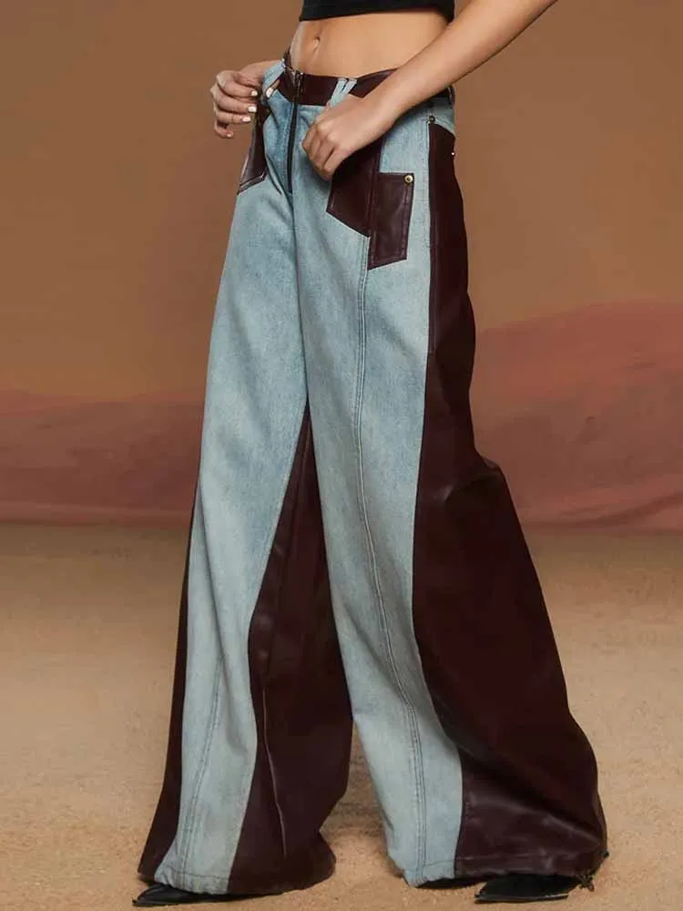 Celana Jeans Wanita MCDV Unik Model Patchwork Kulit 2025 Fashion Denim High Waist Ritsleting Warna Kontras Celana Kaki Lebar Vintage Street