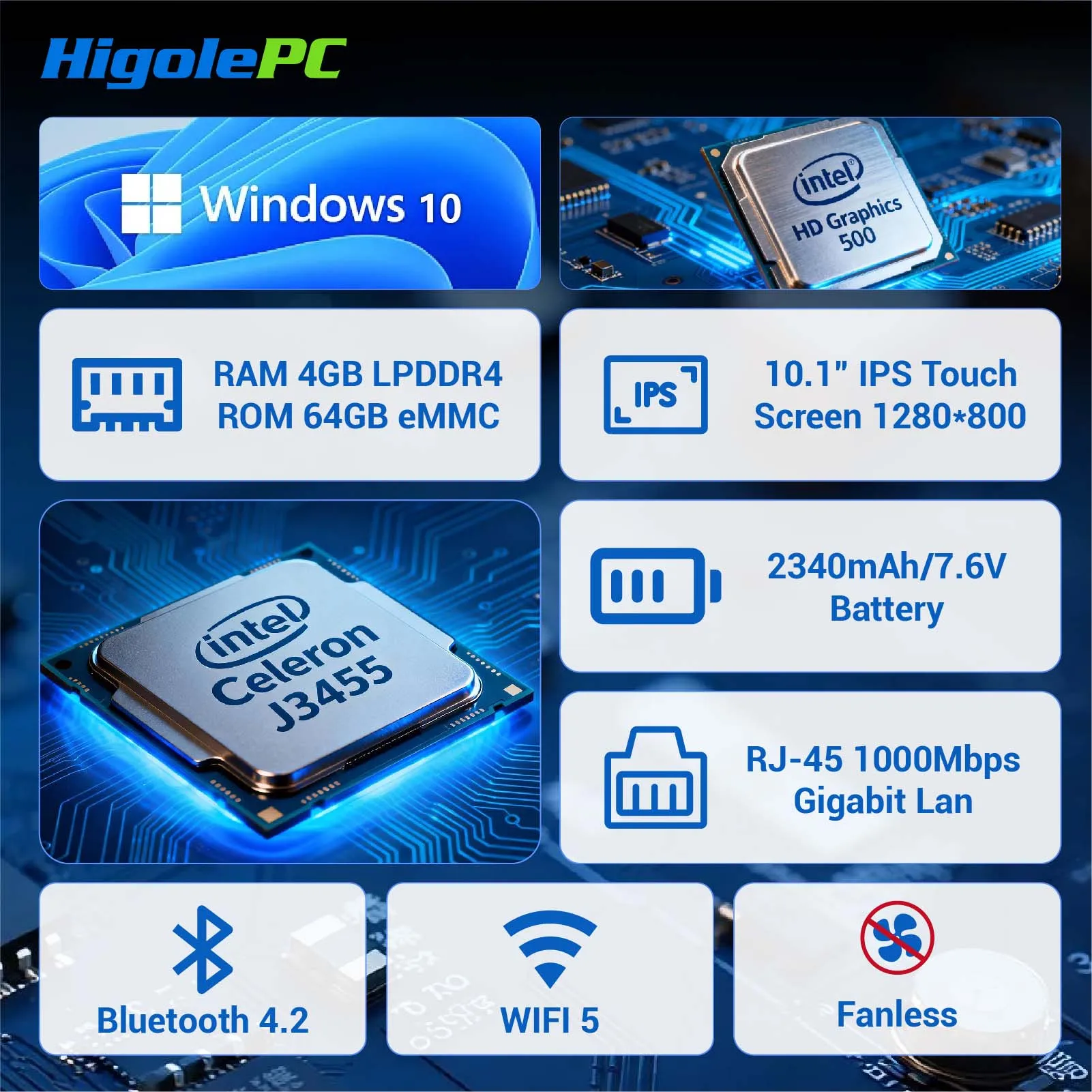 Higole F6APL 10.1 '' Fanless Mini PC Intel J3455 Windows 10 WiFi5 4GB 64GB 2340mAh 4K RS-232 RJ45 Laptop Desktop PC Mini Computer