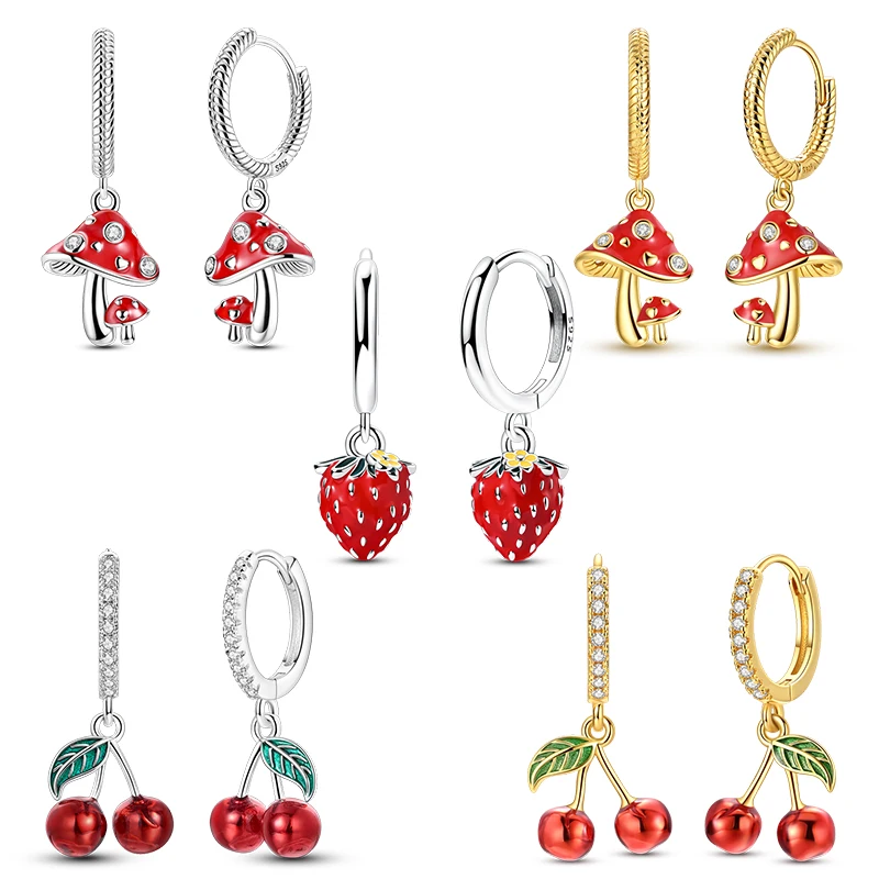 Brincos de argola originais em prata 925 com pingente de frutas fofas, cereja vermelha, morango e cogumelo, para mulheres, presente de joias.