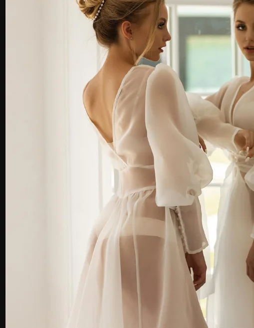 Long Sleeve Bridal Bathrobe Women See Through Sexy Night Robe Sleepwear V Neck Nightgown Robes Homedress custom size