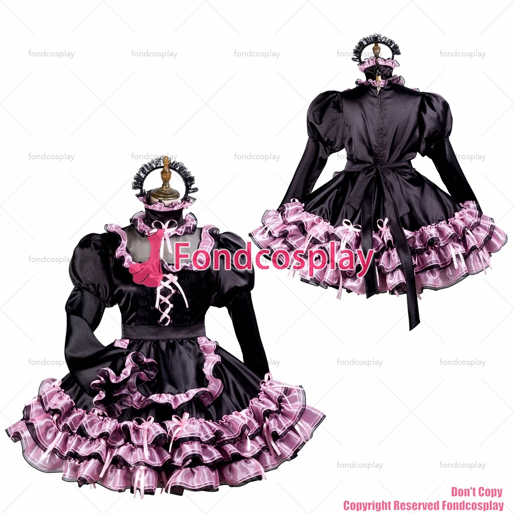 

fondcosplay adult sexy cross dressing sissy maid short black satin dress lockable Uniform apron costume CD/TV[G3729]