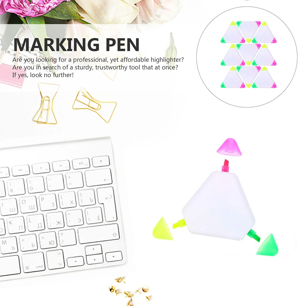 9 Pcs Highlighter Color Pen 3 Triangle Fluorescent Pens Yellow Green Plastic School Home Office Use Dual Tip