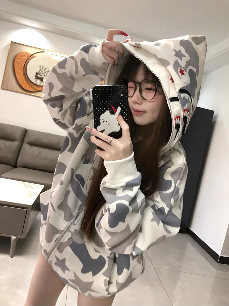 

American Retro Camouflage Hoodie Women's Loose Couple Double Cap Sweatirt Street Sle Long Sve Zipper Closure Outerwear