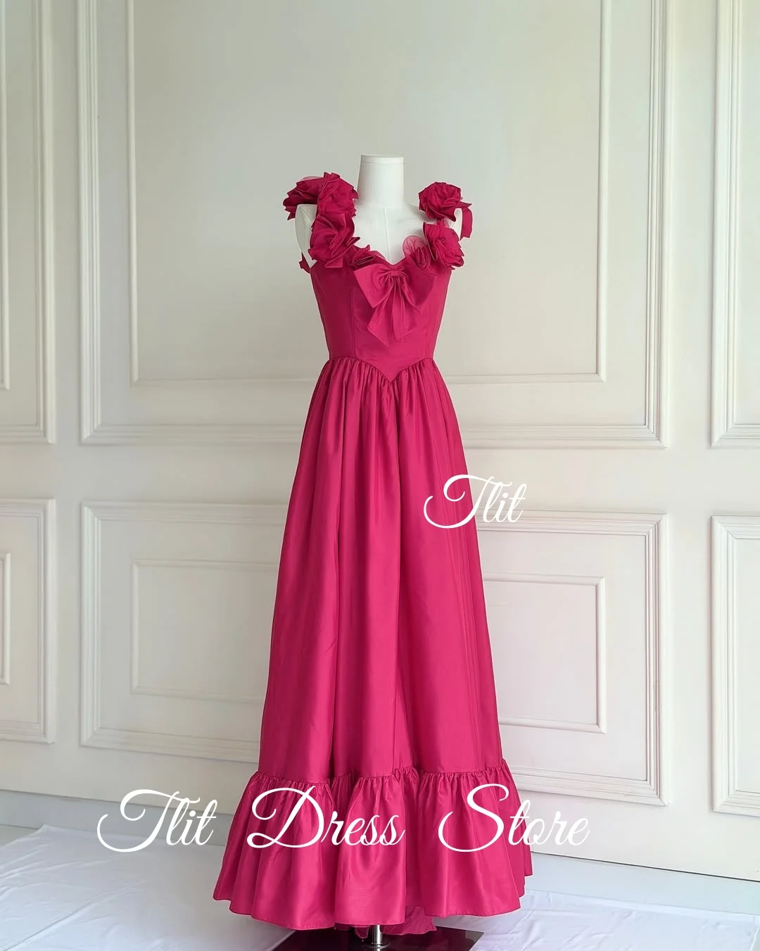 فساتين سهرة أنيقة من قماش التفتا باللون الوردي الوردي من TLIT فستان حفلات على شكل حرف v مع فيونكة زهور مخصصة #2