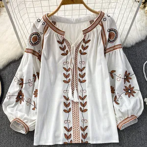 Frauen Frühling Vintage Bluse Ethnischer Stil Langarm um den Hals losen Stickereien Baumwoll Canhamo Pullover Casual Shirt Top D3551 9 Hauptverkaufsblusen - №7
