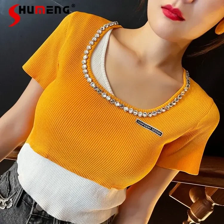 

Women's Diamond-Embedded Fake Two-Piece Knitted Short-Sleeve T-shirt Summer Contrast Color Sliding Top New Short T Shirt