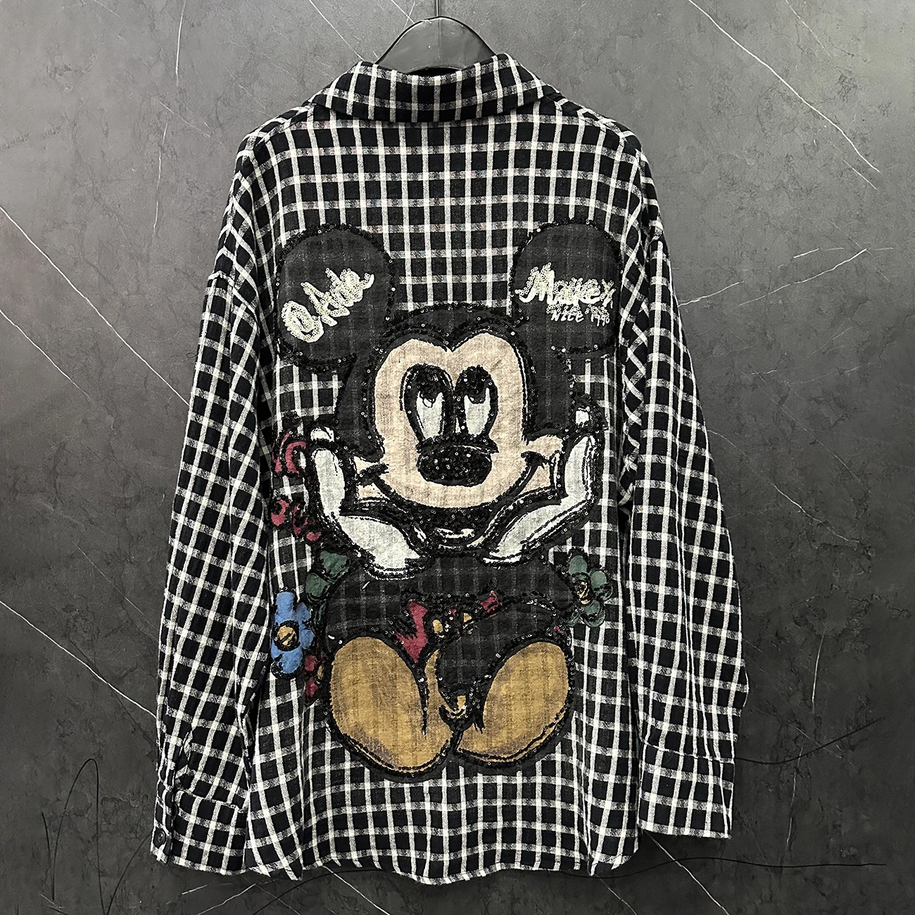 Spring and Summer New Heavy Industry Cartoon Plaid Long-sleeved Shirt Women's Loose Mid Length Street Hipster Sequined Top