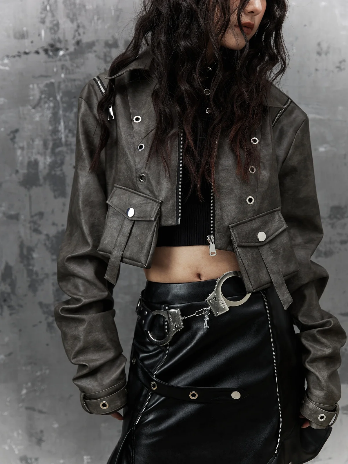 Retro punk tingimento e descoloração ort solto zíper couro jaet street sle feminino primavera faion outerwear