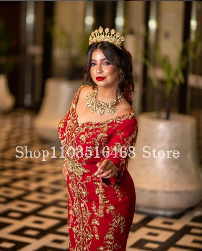 Luxury Red Middle East Evening Gowns Elegant V-Neck Long Sleeve Lace Beauty Applique Long Custom Bridal Gowns فساتين سهرة
