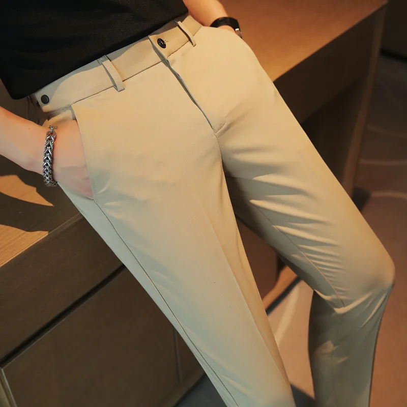 Pantalones formales para hombre, Pantalón de vestir con diseño de cinturón, sencillo y ajustado, traje informal de negocios, talla grande 38, 2023