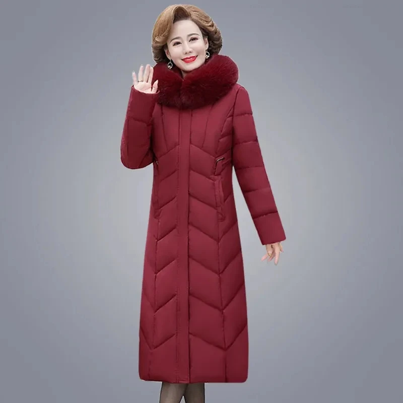 

Quilted Extra Thick Long Parka Mom's Winter Parka Hooded Fur Collar Down Cotton Coat Mid-aged Elderly Women's Warm Jacket 8XL