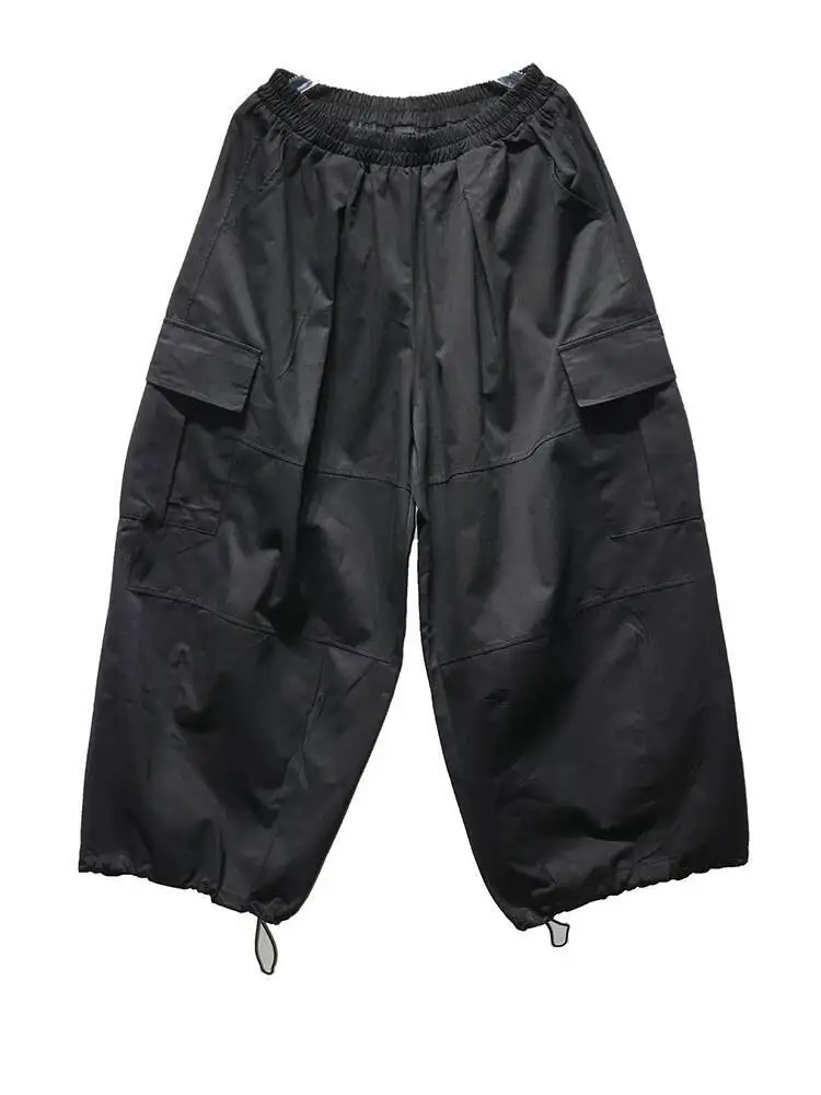 高弾性ウエスト黒ポケット巾着ロングワイドレッグパンツ新しいズボン女性ファッション潮春秋