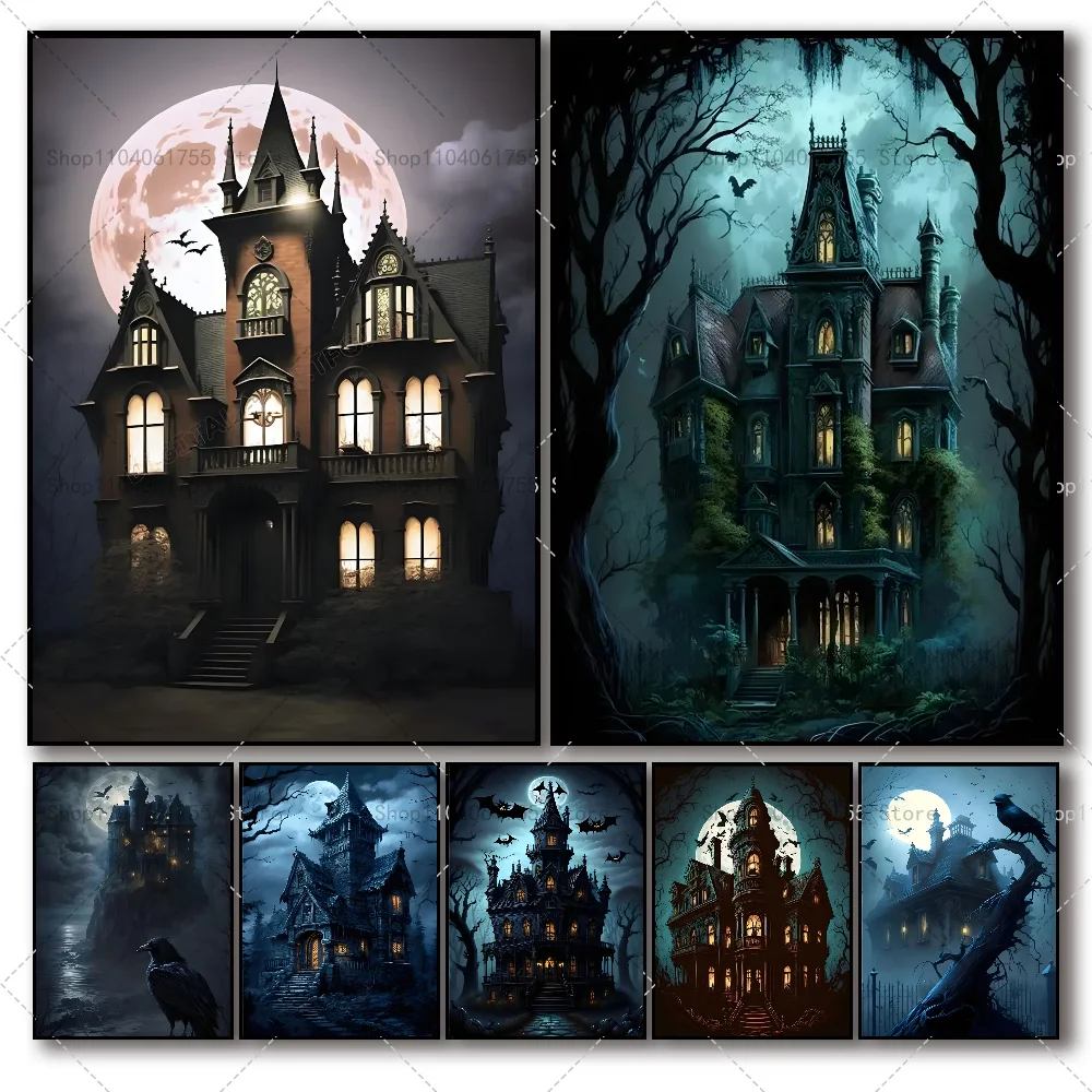 1PC Halloween Gothic Haunted House Poster Self-adhesive Art Waterproof Paper Sticker Coffee House Bar Room Wall Decor