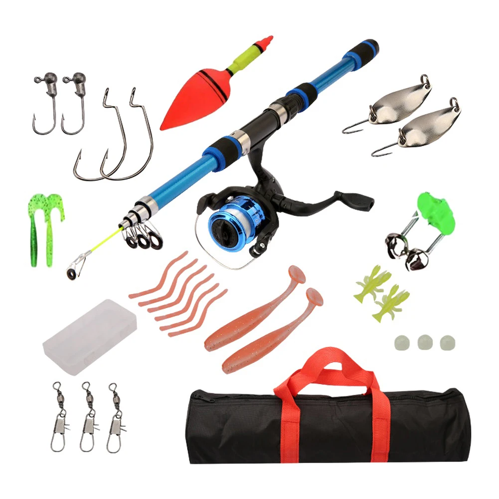 完全な釣具キット釣りアクセサリー完全なタックル餌とフックミックスグラスファイバー釣竿大容量リール