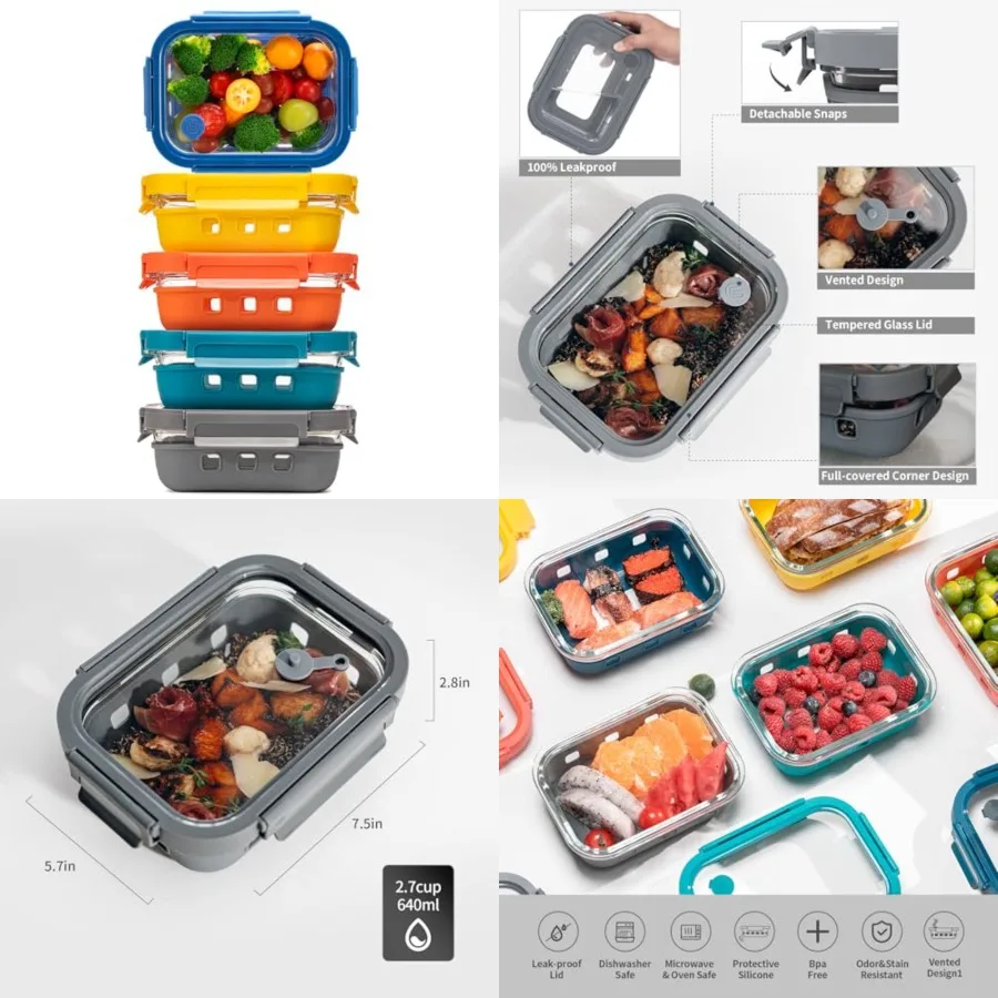 

2.7 CUP Glass Food Storage Containers with Glass Lids, 5 Pack-Aitight Meal Prep Container Set with Silicone Sleeve, BPA-Free, D