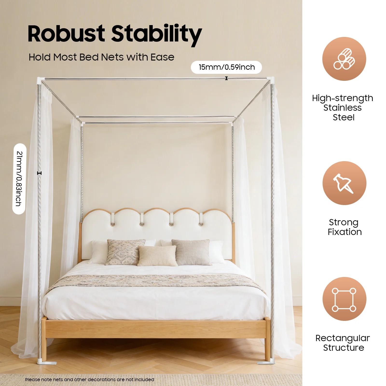 Stainless Steel Canopy Bed Frame Spiral Embossing Rustproof Mosquito Net Support Stand 21mm Thick Column Detachable Press Feet