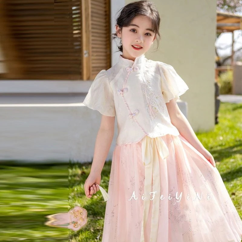 

Girls' Short-Sleeve Horsehair Dress Set, New Summer Style, New Chinese Style National Style Children's Summer Hanfu Dress