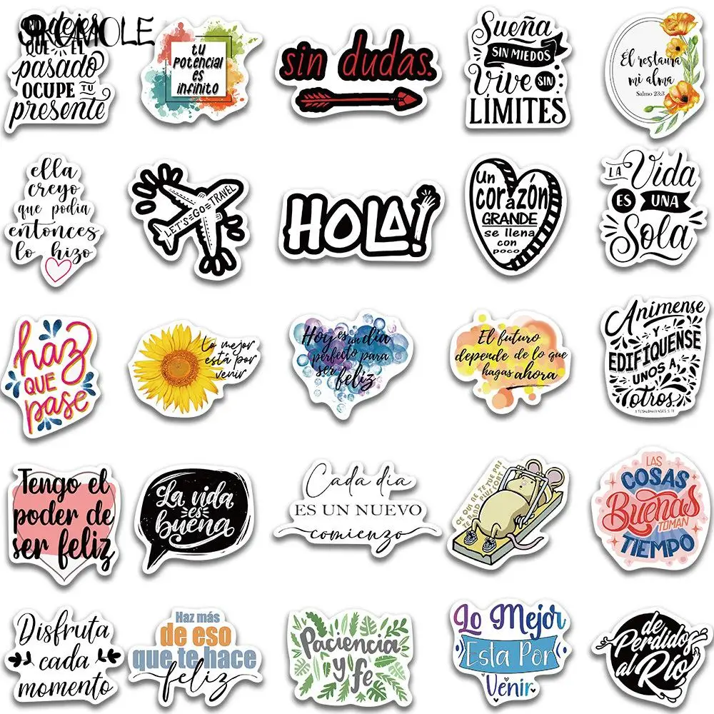 10/30/50pcs Spanish Inspirational Phrasese Stickers Art Toy DIY Kids Notebook Luggage Motorcycle Laptop Decals Graffiti Sticker