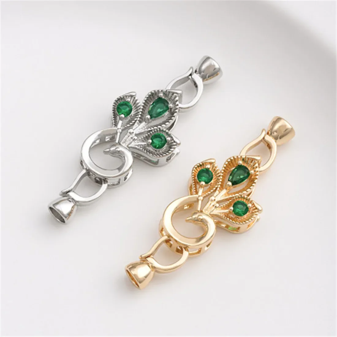 14K Gold Inlaid Green Zircon Peacock Pearl Buckle Handcrafted DIY Pearl Necklace Sweater Chain Connecting Buckle C007