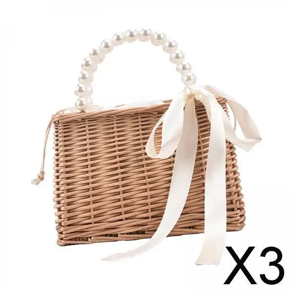 

3x Handwoven Straw Bag, Basket Organizer Box Handbag for Girls Parties Photo Props