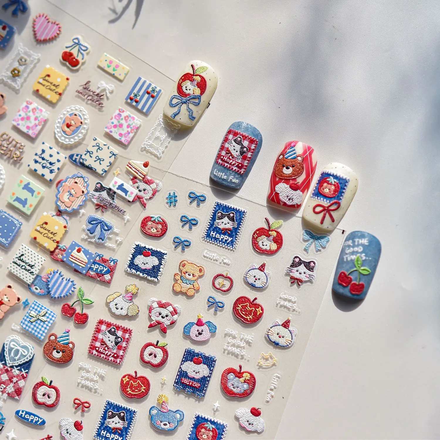 2pcs 5D embossed nail stickers, cute and sweet cartoon nail art stickers, cloth repair teddy bear accessories, decorative sticke
