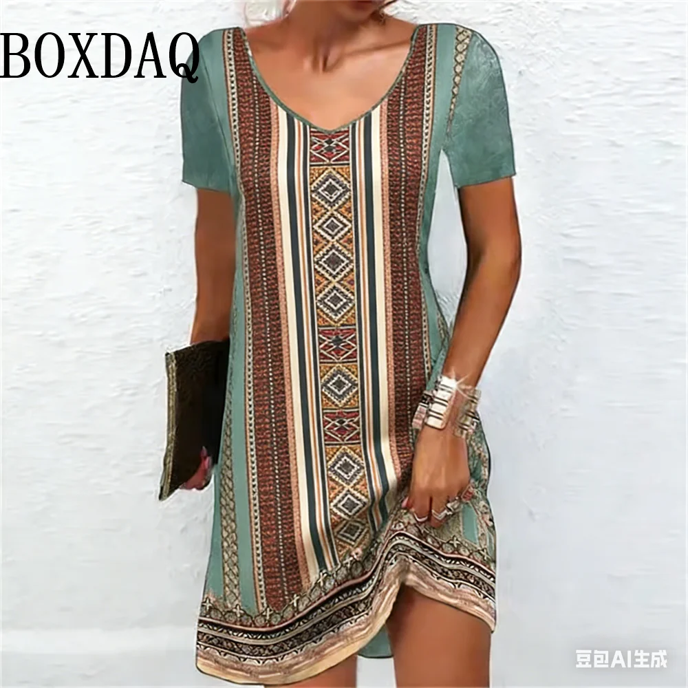 Vintage Ethnic Pattern 3D Print Dresses For Women 2026 Summer Plus Size Clothing Fashion Short Sleeve Casual V-Neck Loose Dress