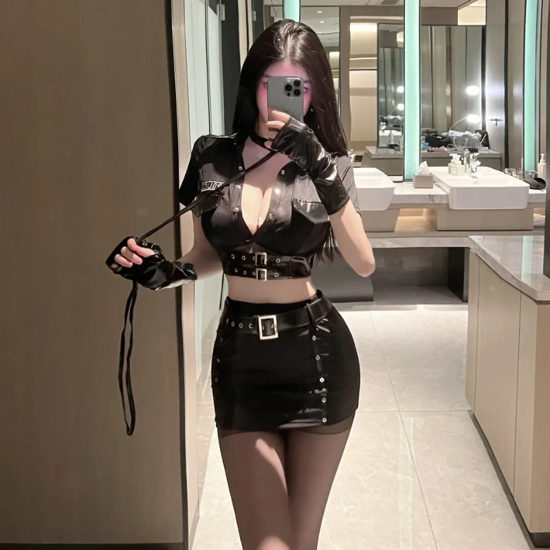 Uniforme de polícia sexy preto para mulheres, fantasia de polícia feminina, Cosplay Halloween para adultos, conjunto de lingerie sexy, uniforme policial