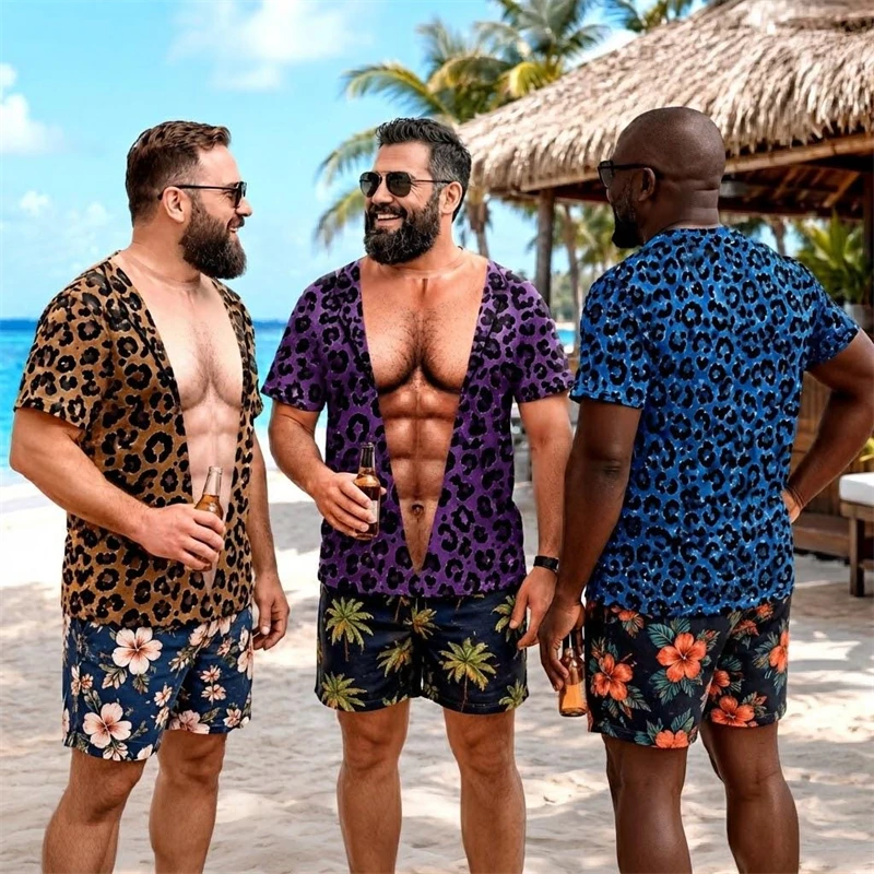 Novelty Funny Fake Abdomen Visual Print T Shirt Men 3d Print Leopard Pattern Short Sleeve Tee Casual Summer Seaside Party Tops