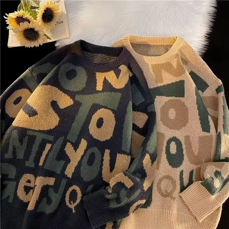 

Мужской вязаный свитер большого размера на осень-зиму, винтажный, с длинным рукавом, базовый слой, ретро, повседневный, с цветочным узором и вышивкой