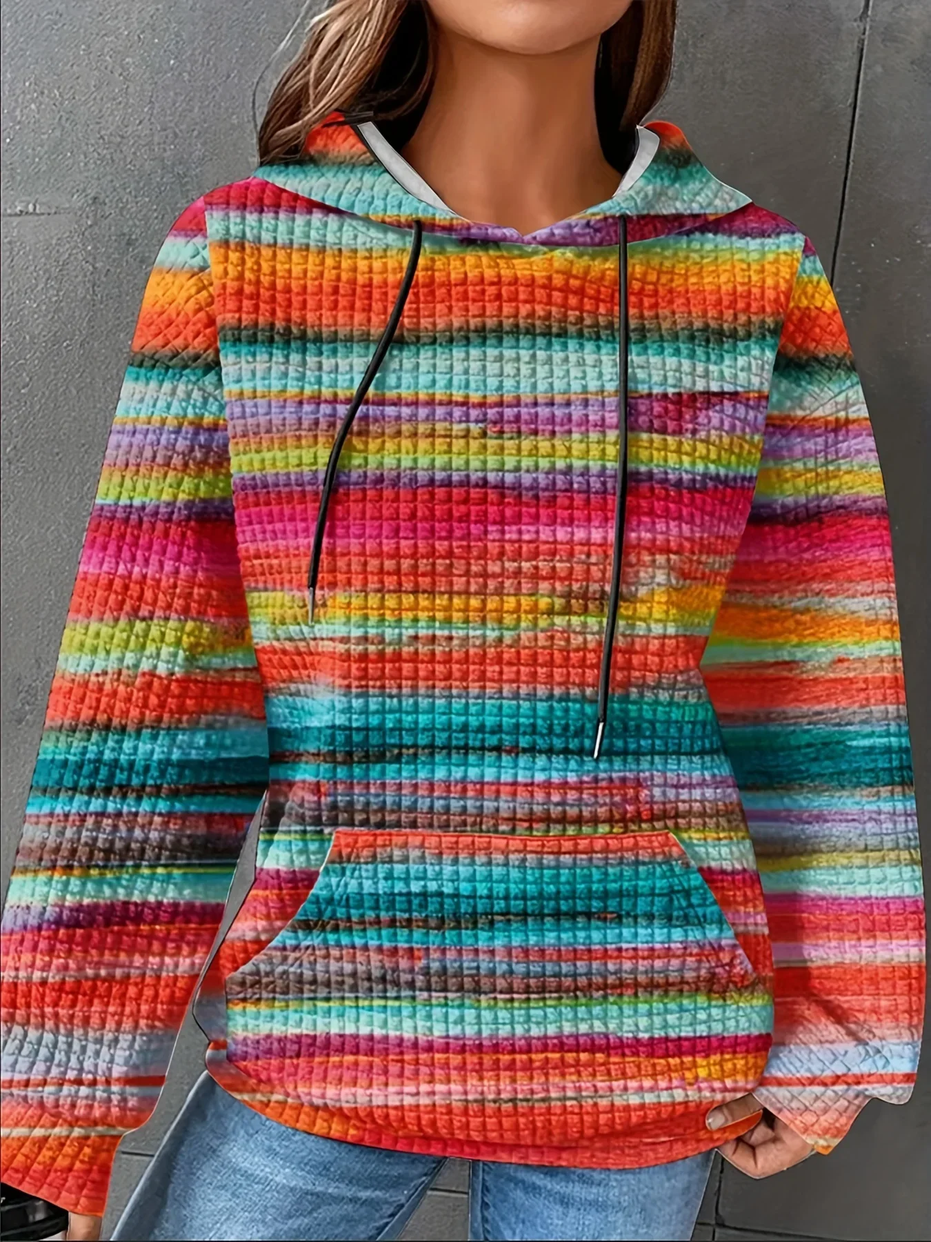 Plus Size Women Rainbow Stripe Waffle Hoodie, Long Sleeve Drawstring Pocket Hooded Sweatshirt Casual Fall Pullover Tops