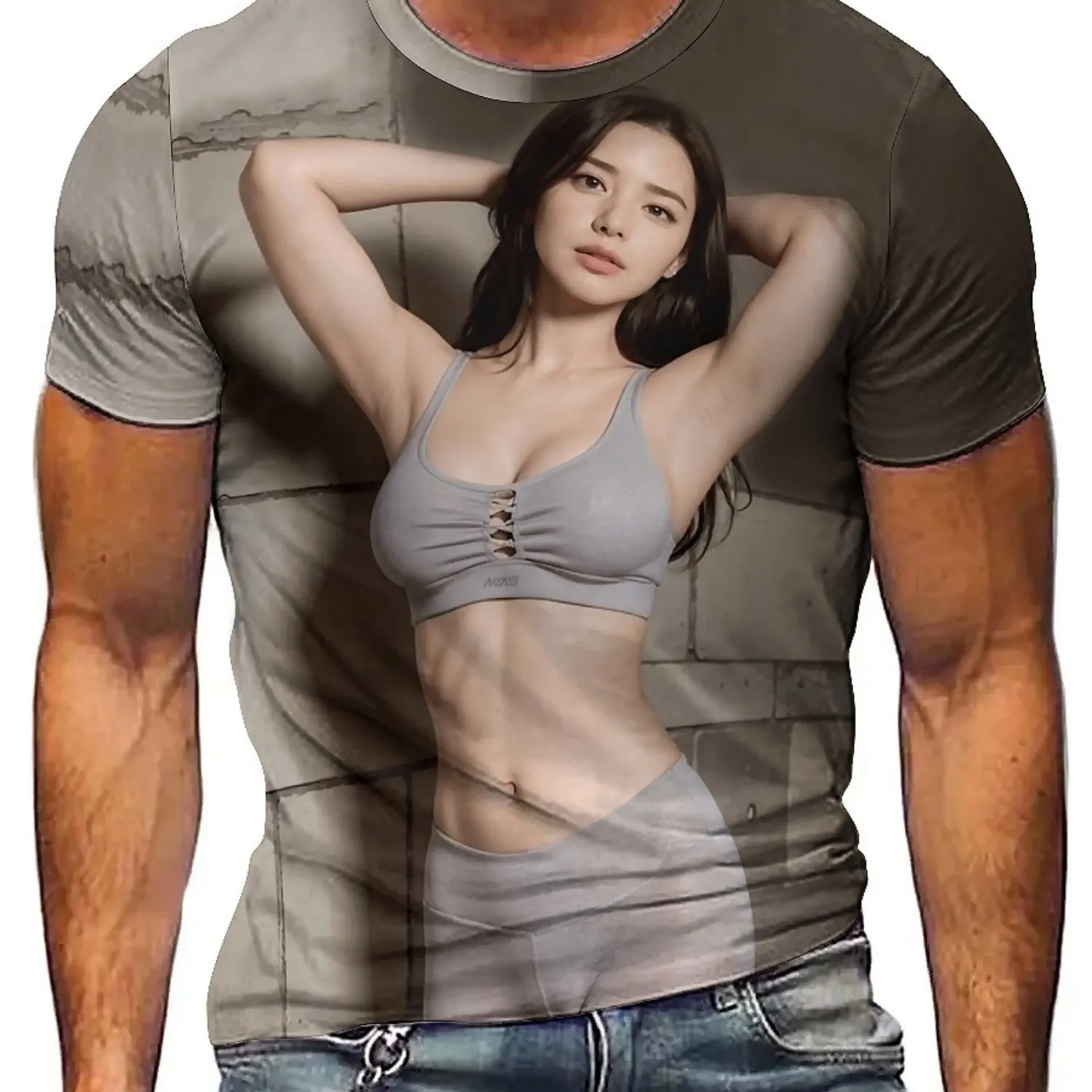 เสื้อยืดกราฟิกโมเดลบิกินี่เรขาคณิตพิมพ์ลาย 3 มิติสำหรับผู้ชาย - เสื้อยืดแขนสั้นลำลองและงานปาร์ตี้สีเทา, เสื้อยืดทรงพอดีตัวซักด้วยเครื่องซักผ้าได้