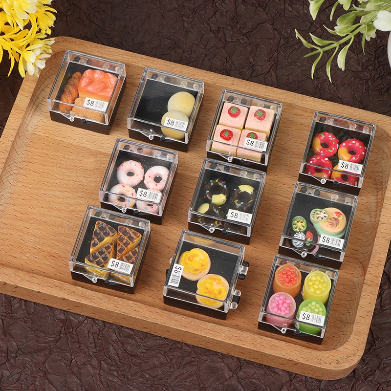 1 caja de casa de muñecas en miniatura, Donuts, pastel, postre, modelo de escena de comida en miniatura, accesorios de decoración para casa de muñecas DIY
